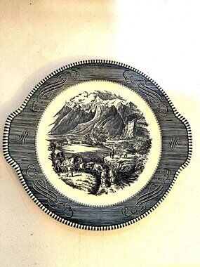 Currier & Ives The Rocky Mountains Blue White 11" Made In USA Transferware